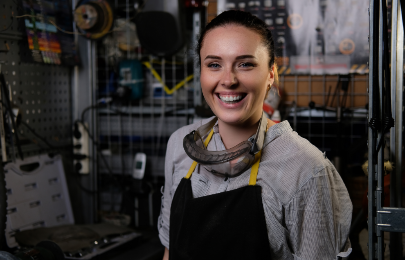 portrait happy beautiful brunette female wearing working